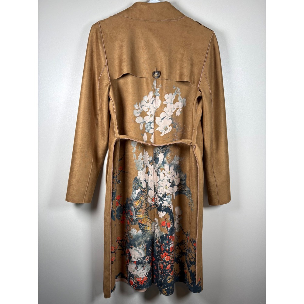 Chico's Scuba Suede Trench Coat Floral Tiger Print Brown Size 00 XS New Artsy - Picture 2 of 16